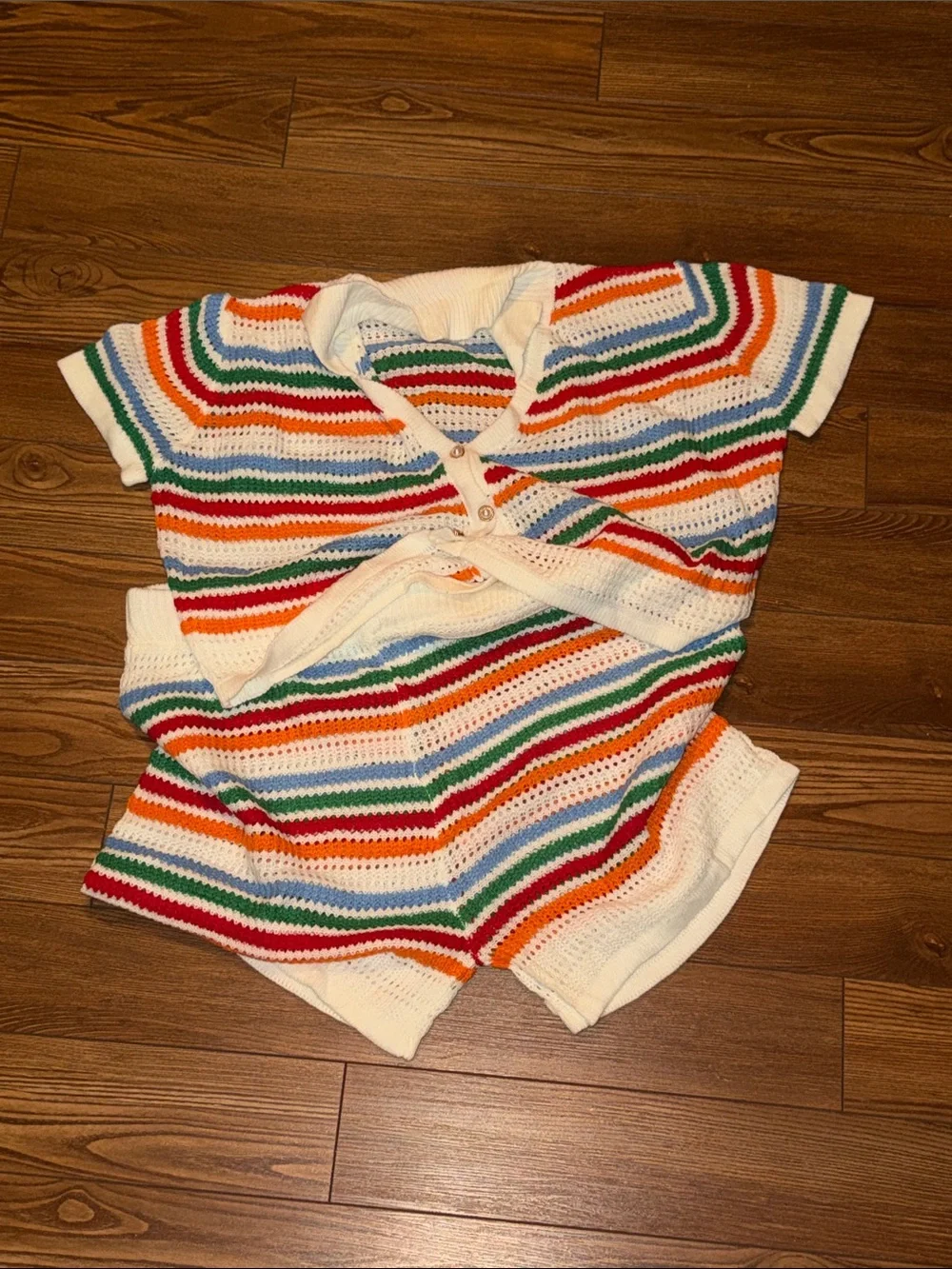Striped Knit Short Set in White with Rainbow Stripes